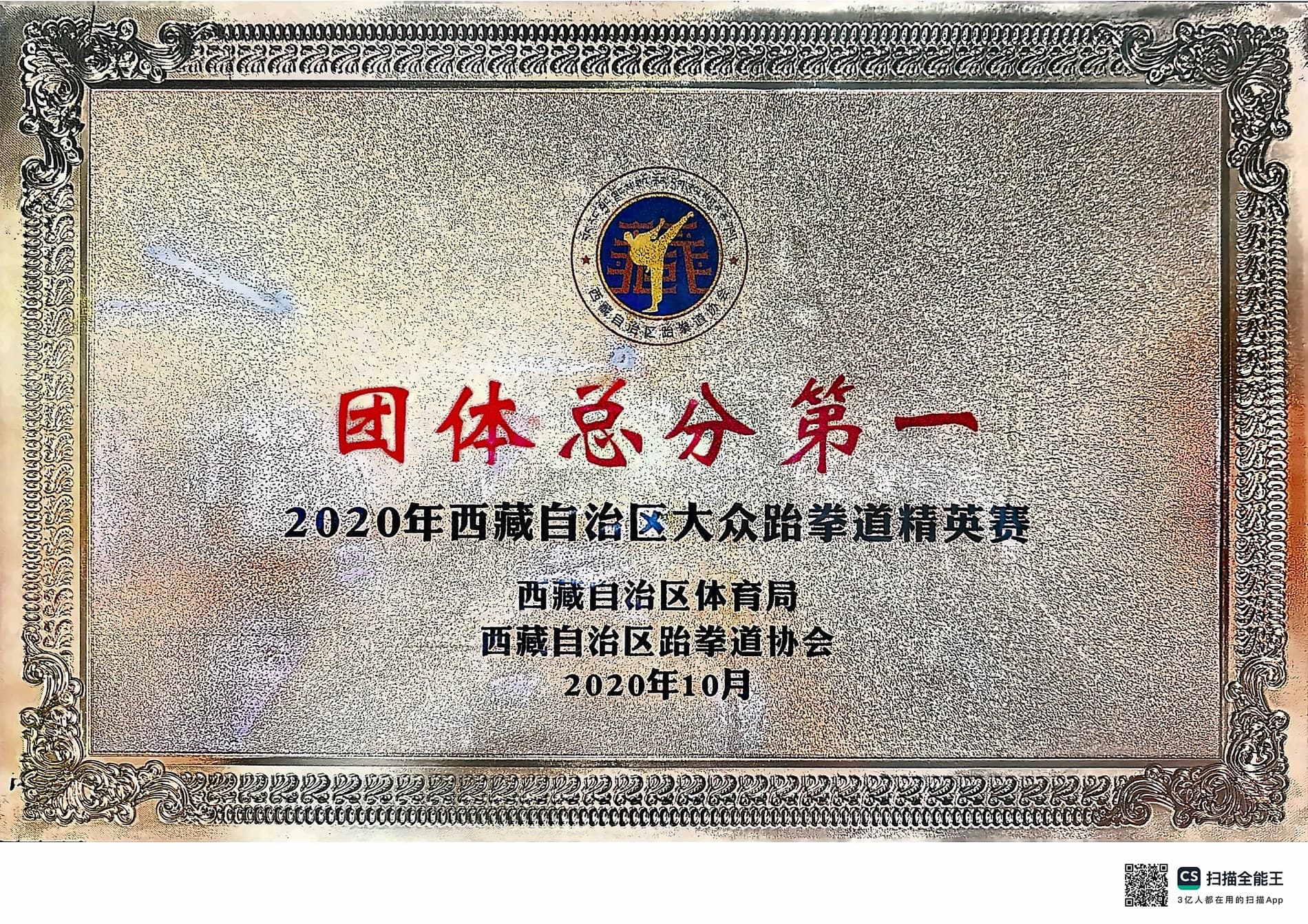 2020年西藏自治区大众跆拳道精英赛团体总分第一名